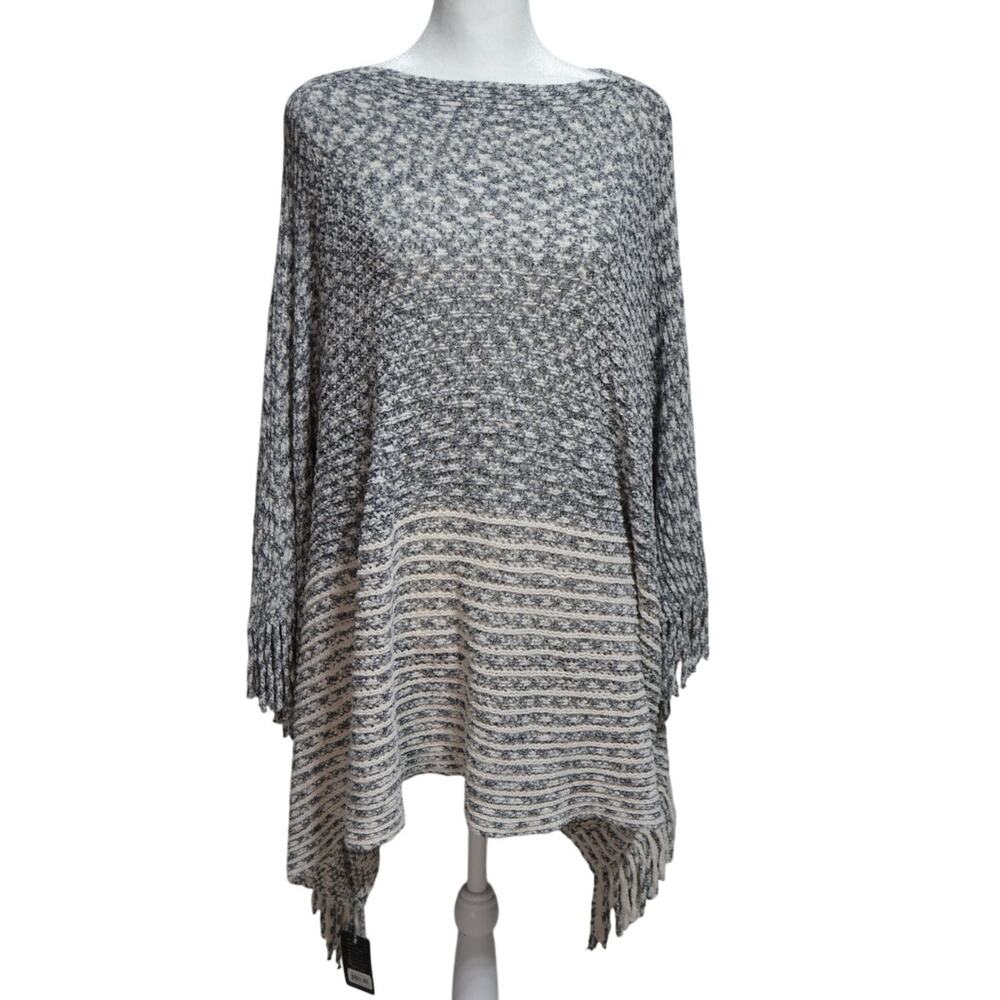 Nali Collection NWT Cream & Dark Gray Knit Poncho with Fringe